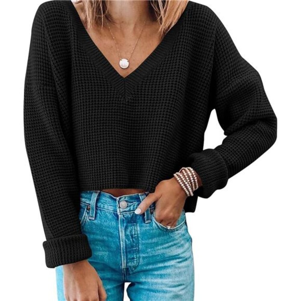 Womens V Neck Waffle Knit Cropped Top Long Sleeve Pullover Crop
